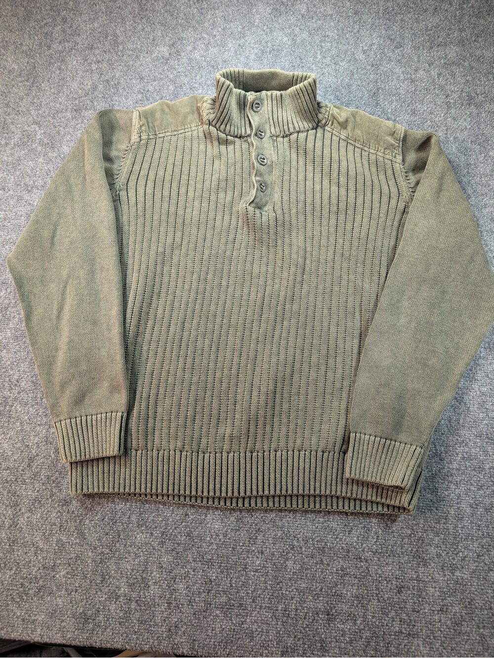 F/X Fusion Sweater Mens XL Olive Green Ribbed Mock Neck Henley Shoulder Patches